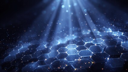 Abstract illustration featuring a honeycomb pattern illuminated by ethereal light rays and particles
