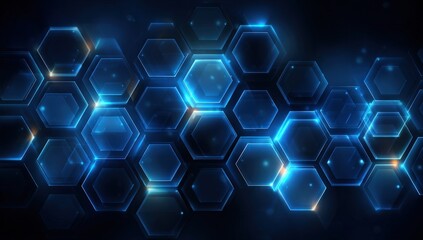 Abstract blue glowing honeycomb cells with highlights and a dark background