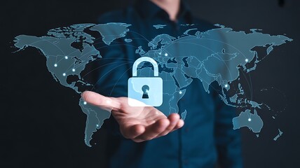 Person holds glowing padlock symbol over digital world map conceptualizing global cybersecurity and data protection