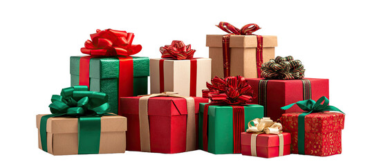 Stacked gift boxes, various colors, wrapped for Christmas