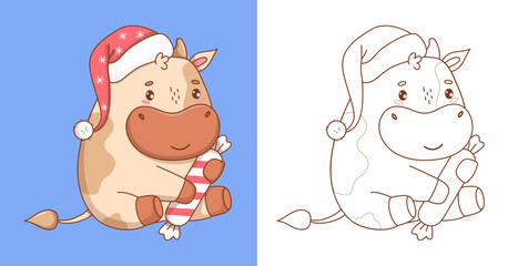 Cute Christmas Little Cow in Santa hat with Candy. Outline Line and Color drawing, Coloring book. Isolated Funny New Year Kawaii Animal. Vector illustration. Kids collection. Not AI