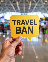 Yellow sign held in airport, announces travel ban