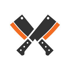 Two Crossed Butcher Knives with Orange Accents on White Background knife cleaver