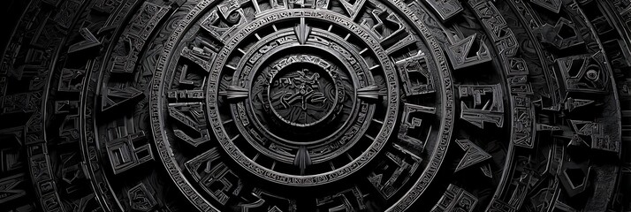 Monochrome HUD with carved tech symbols and ancient code overlays