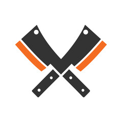 Two Crossed Meat Cleavers With Orange Accents On White Background knife butcher