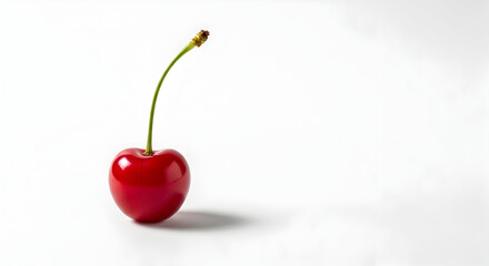 buah ceri merah cerah dengan tangkai hijau di latar putih