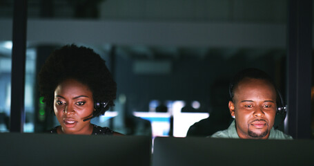 Black people, coworking and computer in call centre at night for customer service, crm and...