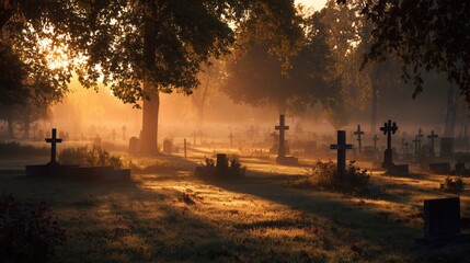 Serene cemetery scene at sunrise with sunlight filtering through trees