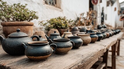 A rustic wooden table displays a collection of artisanal pottery teapots and pots, lined up in front of a textured white wall with plants