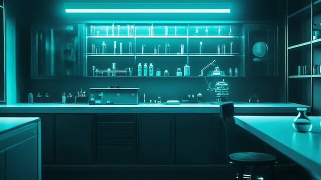 Modern laboratory interior with glassware and equipment illuminated by turquoise light