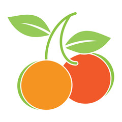 Two stylized cherries with green leaves on a white background cherry fruit