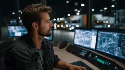 Logistics professional in dimly lit control room, multiple digital screens showing real-time fleet tracking, glowing monitors reflecting focused face, large window reveals parked trucks 