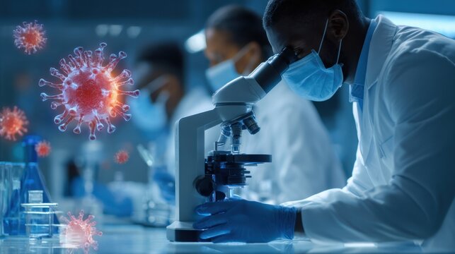 scientist researching virus lab microscope