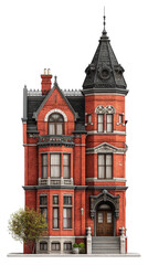 Obraz premium Elegant Victorian Red Brick Townhouse with Tower and Steeple Roof