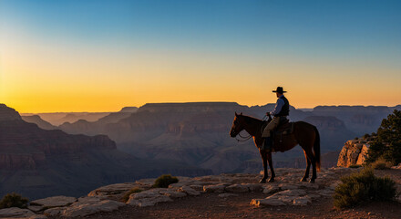 Naklejka premium Silhouette of cowboy on horseback at Grand Canyon sunset