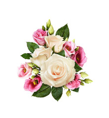 White roses and pink eustoma flowers in a floral arrangement isolated on white or transparent background