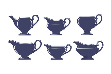 Gravy boat vector icon set. Collection of classic sauce boat illustrations in silhouette and outline styles.