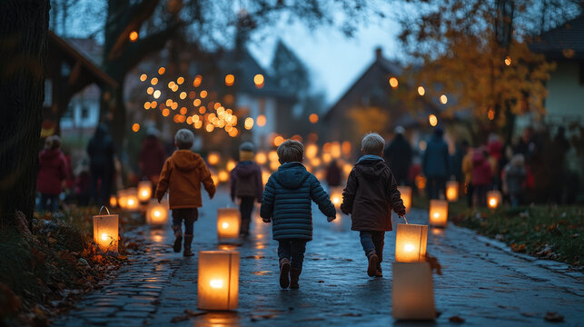Children walkingat dusk, carrying glowing paper lanterns during Saint Martin's day parade in German tradition, commemorating religious festival