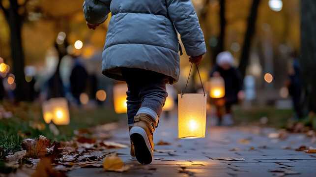 Little child walking in the evening carrying a glowing paper lantern during a Saint Martin's day celebration in Germany, with blurred people in the background also holding lanterns