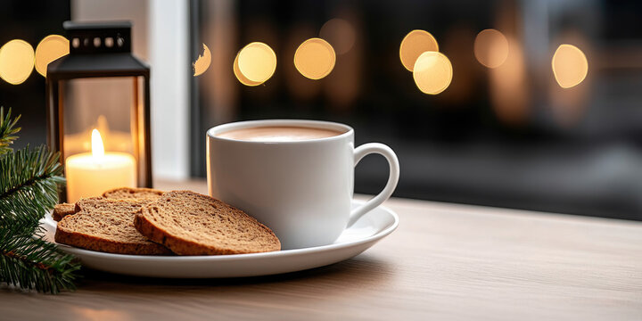 Weckmann bread and snowflake-shaped ginger cookies arranged on a wooden plate next to a cup of hot cocoa and a lit lantern, creating a cozy Martinstag atmosphere