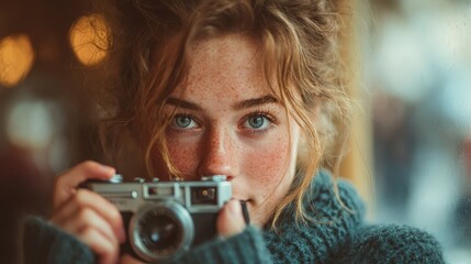 Woman with a vintage camera focusing on the lens with striking blue eyes in golden hour, expressing herself