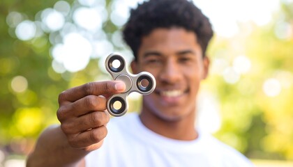 Person holding a fidget spinner outdoors