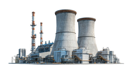 Large photorealistic thermal power station with tall cooling towers and chimneys.