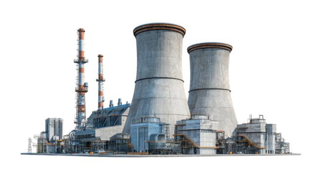 Large photorealistic thermal power station with tall cooling towers and chimneys.