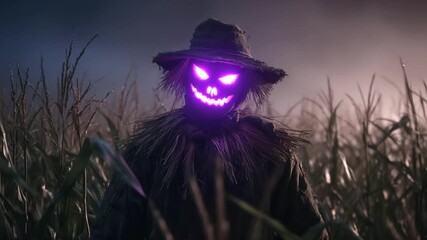 Spooky scarecrow with glowing eyes standing in cornfield at night  - Powered by Adobe