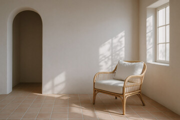 Minimalist Mediterranean style with rattan armchair, terracotta tiles, and soft natural sunlight.
