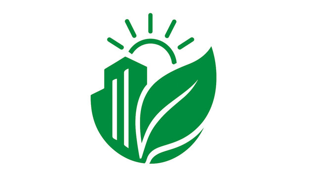 A green building with a sun and a leaf, symbolizing urban sustainable development on a white background. Png file. isolated from transparent background