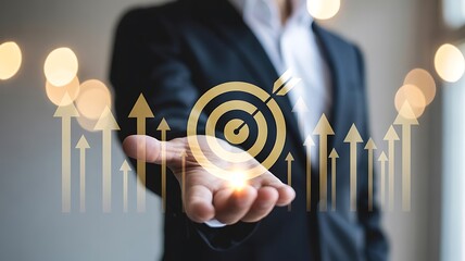 Business professional extends hand with glowing target and upward trending arrows symbolizing success and goals