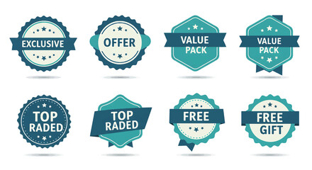 Eight Teal and White Promotional Badges with Various Offers.