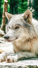 Fototapeta premium A close-up captures a serene, grey wolf resting outdoors. The animal displays alert eyes against a lush green backdrop, adding depth and natural beauty