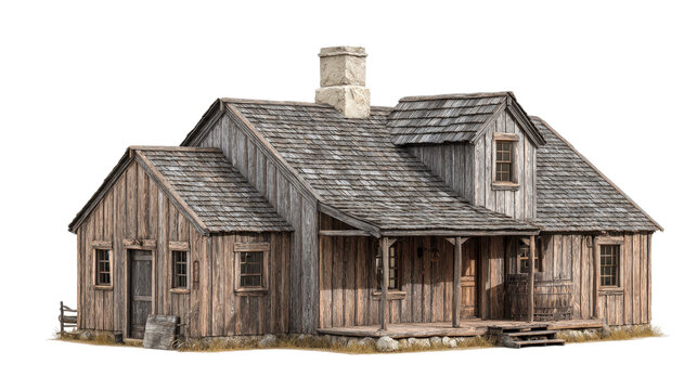 Weathered Rustic Wooden House with Porch and Shingled Roof
