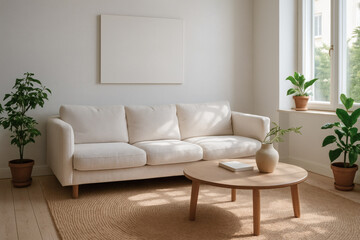 Scandinavian living room with beige sofa, round wooden coffee table, indoor plants, and natural light.