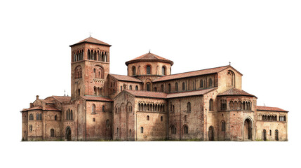 Fototapeta premium Historic European Romanesque Brick Monastery Architecture Isolated on Black