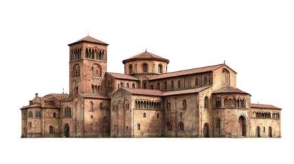 Historic European Romanesque Brick Monastery Architecture Isolated on Black