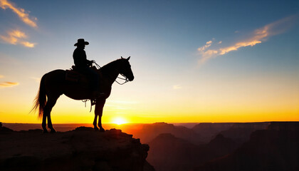 Silhouette of cowboy on horseback at Grand Canyon sunset