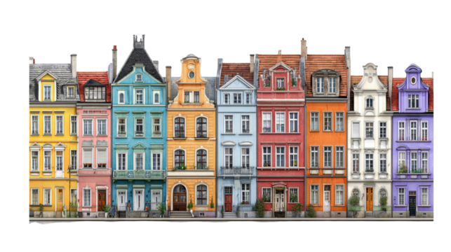 Vibrant row of colorful European-style townhouses with unique architectures