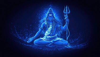 Glowing deity in blue, sitting cross-legged, holding a trident