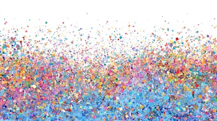 A vibrant explosion of pastel-hued particles transitions from light blues at the bottom to a mix of pinks, oranges, and yellows, scattered against a white backdrop