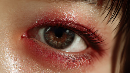 Obraz premium Close-up of human eye with red makeup and natural skin texture ― 赤いアイメイクと自然な肌質感の目のクローズアップ