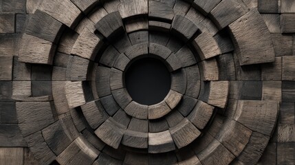 Fototapeta premium Wooden Vortex. Stacked blocks of wood form concentric circles around a void, creating a dimensional design with shades of dark brown and grey tones