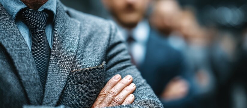 Close-up of a suited man with crossed arms, showcasing details like tie, jacket texture, and group blur