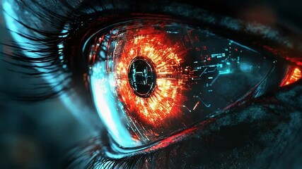 Futuristic cyborg eye showing digital information processing - Powered by Adobe