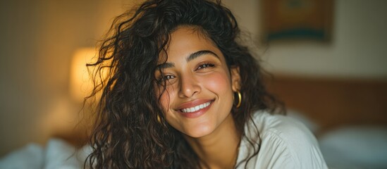 A woman with curly dark hair smiles warmly in a room, bathed in soft, warm light