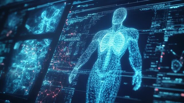 Futuristic interface showing rotating 3d human body model with data analysis and medical scans