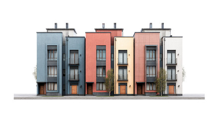 Photorealistic row of colorful modern townhouses with balconies and trees.