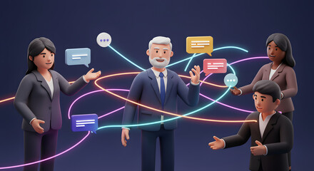 3D Illustration of Diverse Business Team Connecting Through Digital Networks and Messaging for Collaboration and Innovation in a Modern Workplace